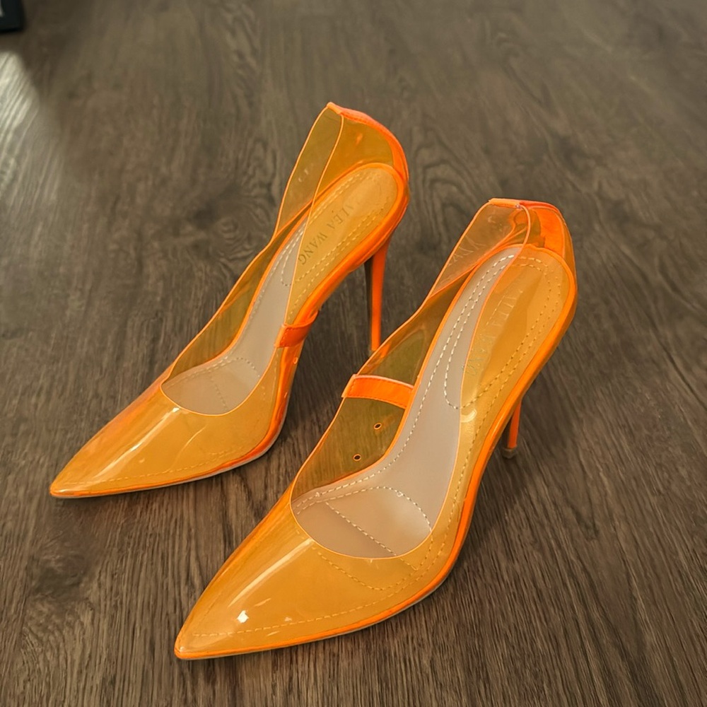 Azalea Wang Clear Neon Orange Heels, Sz 7